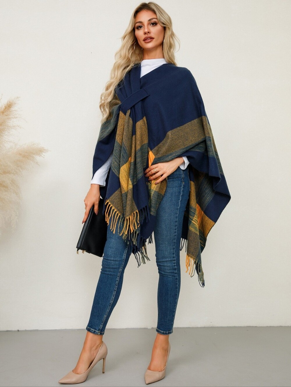 Beige Plaid Fringe Poncho Wrap - Picture 7 of 7